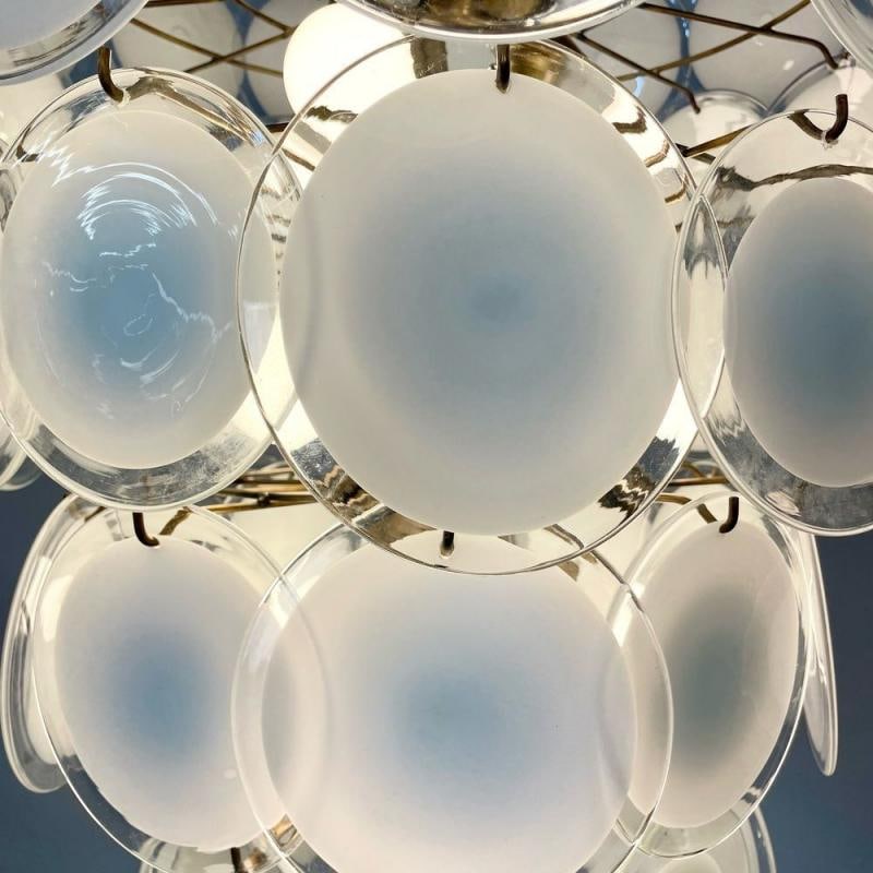 Pair Murano Disc Mid-Century Modern Tiered Chandelier, Antique Brass, Monumental - 7