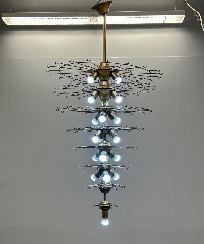 Pair Murano Disc Mid-Century Modern Tiered Chandelier, Antique Brass, Monumental - 8