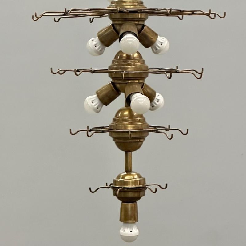 Pair Murano Disc Mid-Century Modern Tiered Chandelier, Antique Brass, Monumental - 9