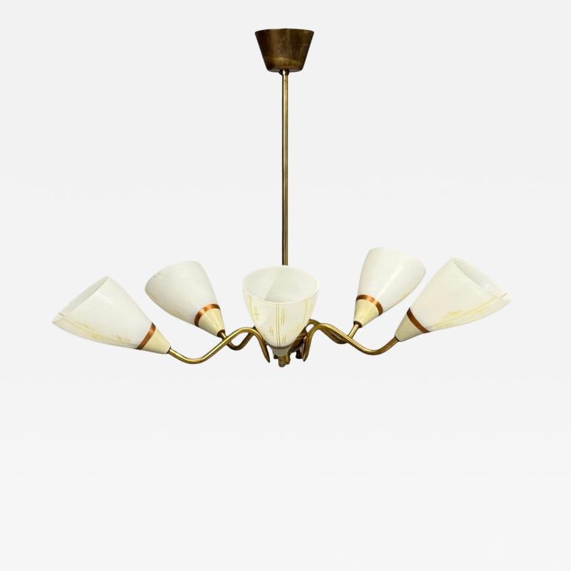 Swedish Modern, Pendant Light, Opaline Glass, Brass, Sweden, 1940s: Title: Swedish Modern, Pendant Light, Opaline Glass, Brass, Sweden, 1940s Description: Description 1: Swedish Mid-Century Modern, Chandelier or Pendant Light, Opaline Glass, Brass, Sweden, 1940s A fiv