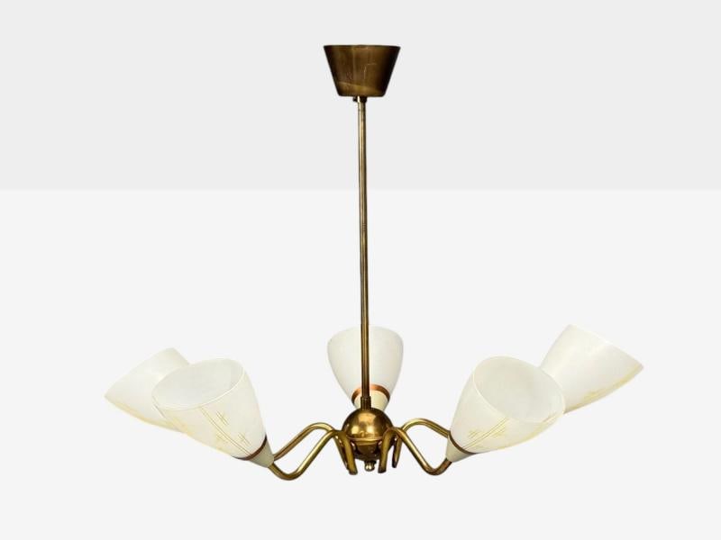 Swedish Modern, Pendant Light, Opaline Glass, Brass, Sweden, 1940s - 4