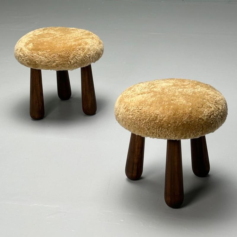 Contemporary, Danish Modern, Sheepskin Stools, Honey Shearling, Maple - 5