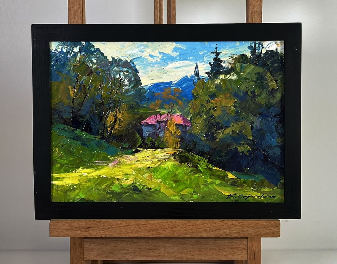 Oil painting The House with the Pink Roof Boris Serdyuk: No.AAA6037*** ABOUT THIS PAINTING **** TITLE: "The House with the Pink Roof"* ARTISTS: Serdyuk Boris Petrovich* SIZE: 21x30 cm/8.26x11.81 inches'* MEDIUM: oil, cardboard* HAND PAINTED: Original painti