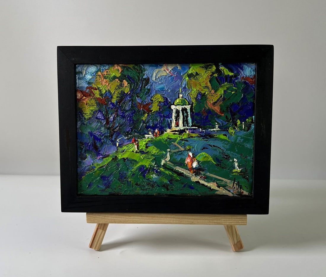 Oil painting City park with a gazebo Oleksiy Ivanyuk: No.AAA5874The Oil painting Canvas titled "City park with a gazebo" captures the charm and tranquility of a public park, blending the vibrancy of nature with the calm architectural presence of a gazebo