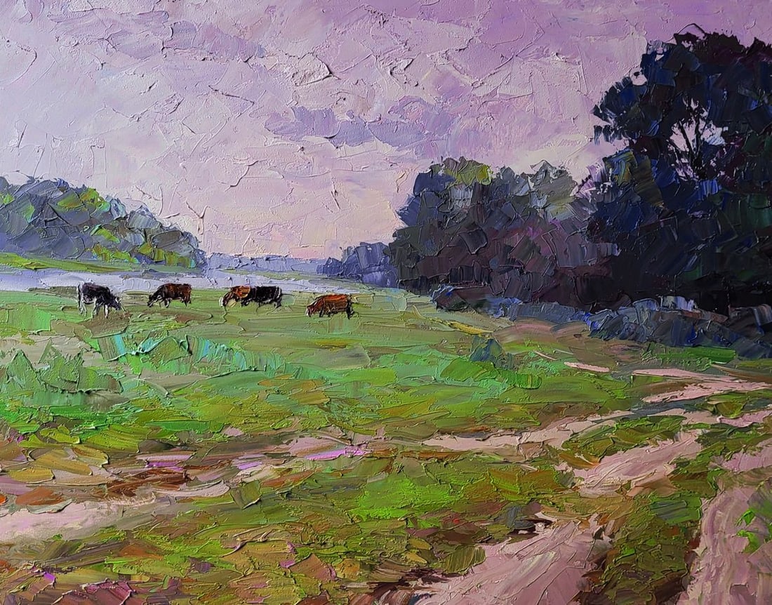 Oil painting Cows in the field Boris Serdyuk: No.SERB 1231The Oil painting Canvas titled "Cows in the field" presents a tranquil and pastoral vision of rural life, immersing the viewer in the quiet rhythms of nature where animals, land, and sky c