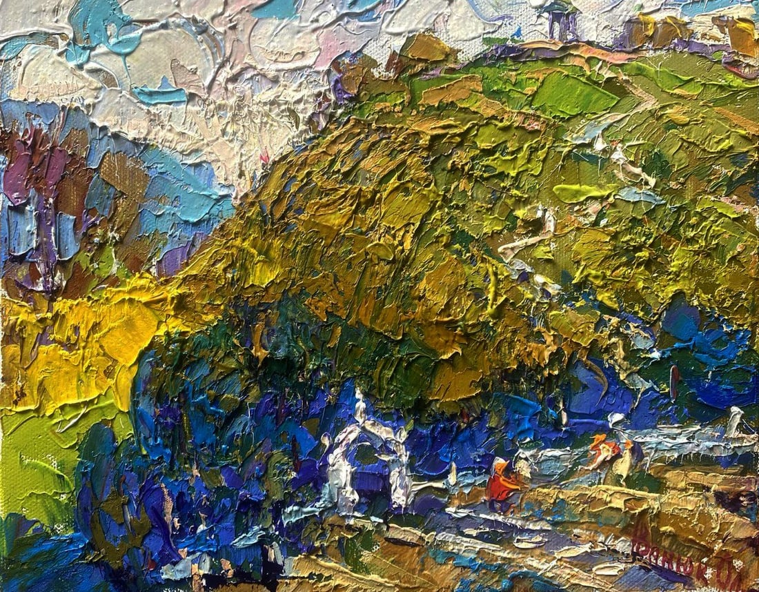 Oil painting The hillfort hides the secrets Oleksiy Ivanyuk: No.Kalen 1642The Oil painting Canvas titled "The hillfort hides the secrets" is a deeply textured and vibrant work that evokes the timeless presence of history within the natural landscape. Executed w