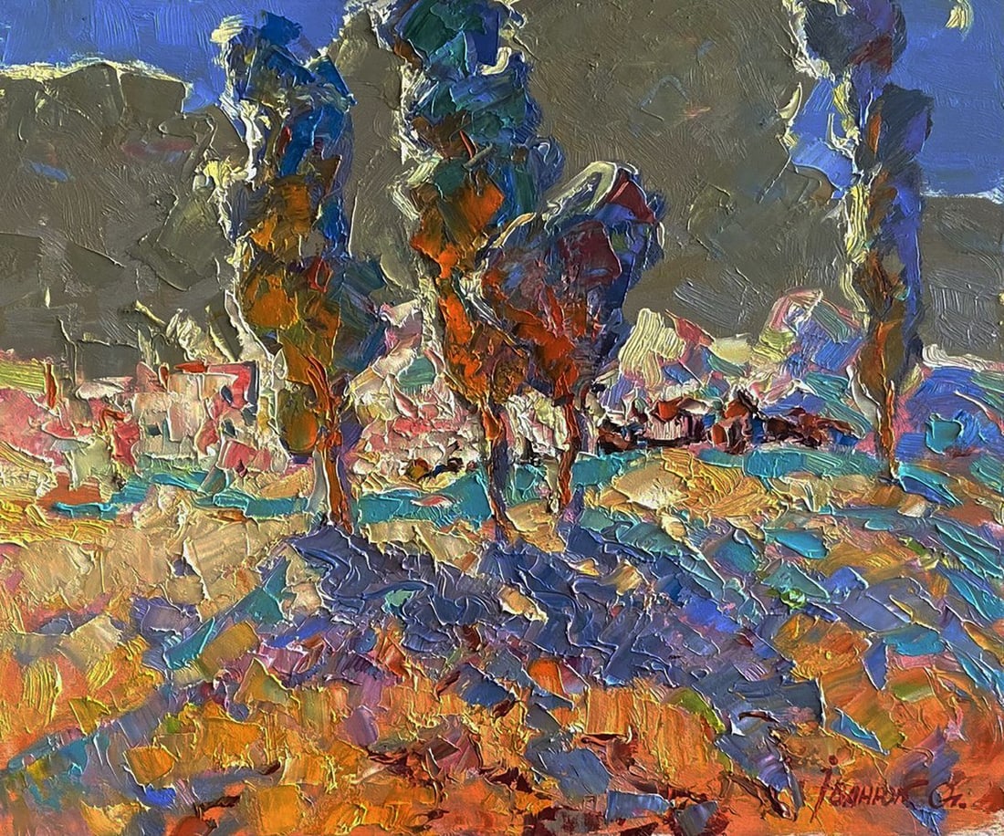 Oil painting Hot day in the village Oleksiy Ivanyuk: No.Kalen 1647The Oil painting Canvas titled "Hot day in the village" is a vivid celebration of the atmosphere and sensations that permeate rural life during the peak of summer heat. The canvas radiate
