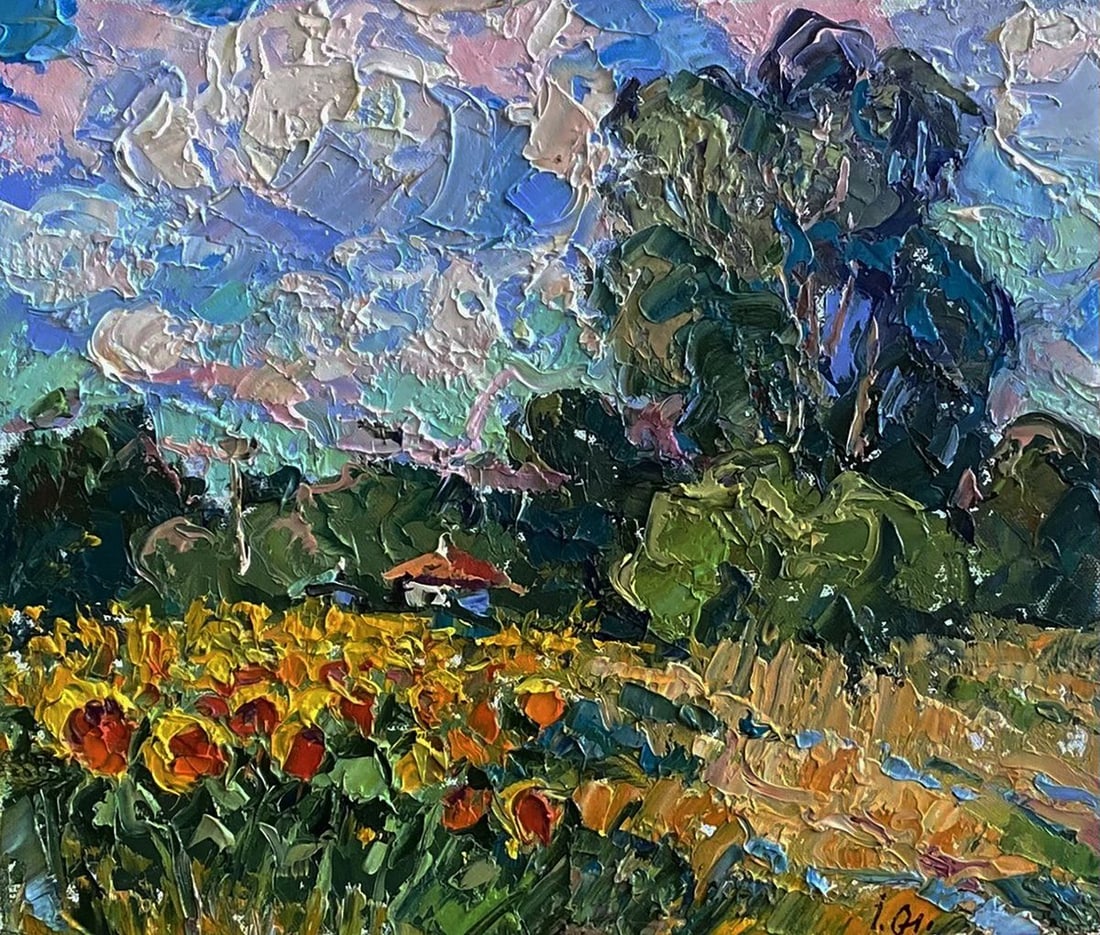 Oil painting Field of sunflowers Oleksiy Ivanyuk: No.Kalen 1652The Oil painting Canvas titled "Field of sunflowers" captures the radiant energy of a summer day, where the brilliance of sunlit nature is translated into a vibrant symphony of colors and