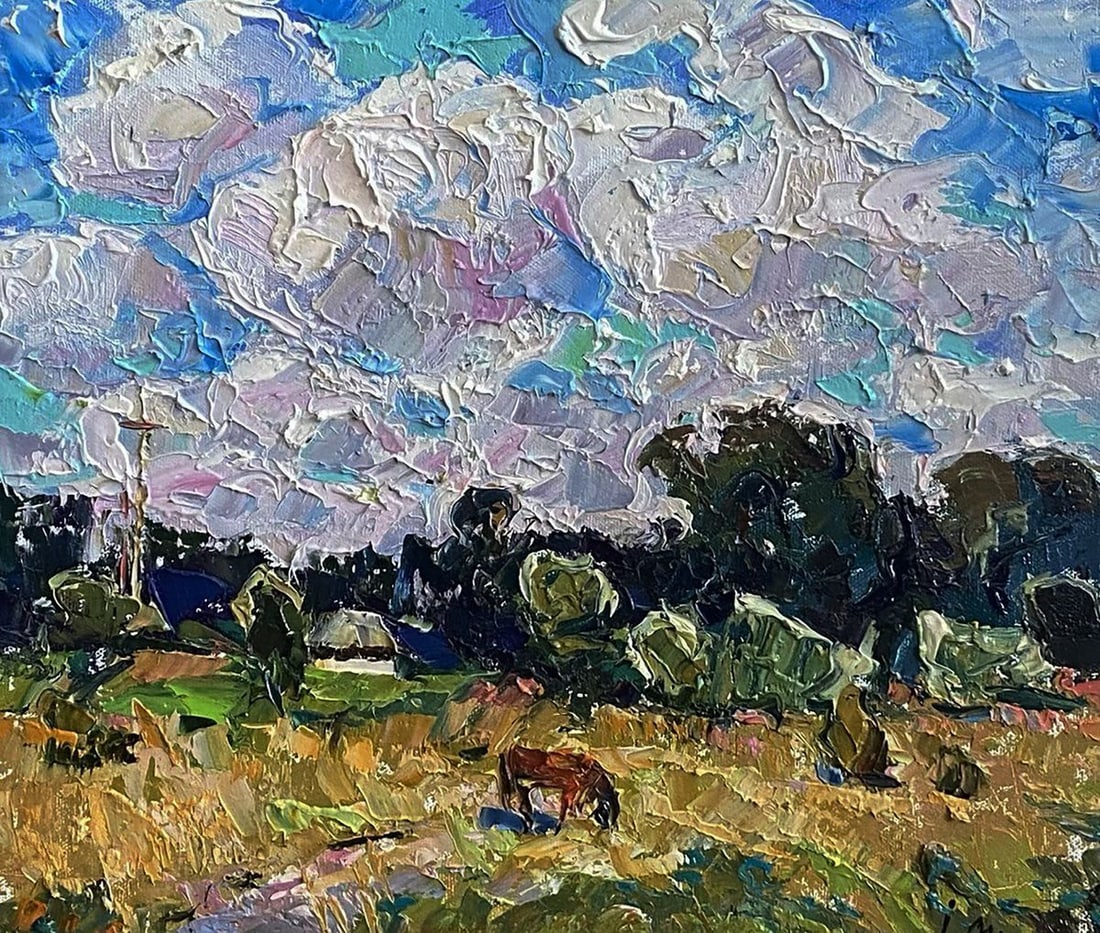 Oil painting A horse is grazing in a field Oleksiy Ivanyuk: No.Kalen 1653The Oil painting Canvas titled "A horse is grazing in a field" conveys the serene poetry of rural life, presenting a timeless scene where nature and animal existence are in perfect harmon