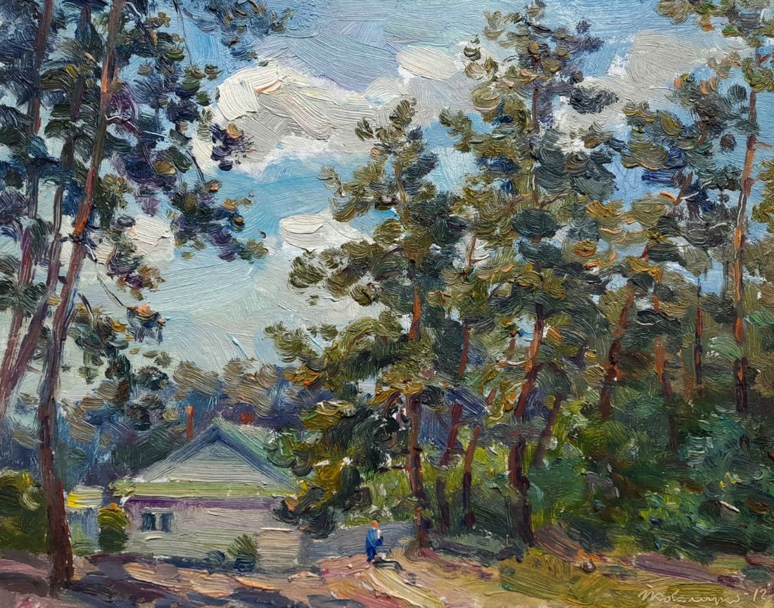 Oil painting House in the forest Ivan Kovalenko: No.Koval 242The Oil painting on Cardboard titled "House in the forest" presents a serene and idyllic glimpse of rural life, where the built world coexists harmoniously with the grandeur of nature.