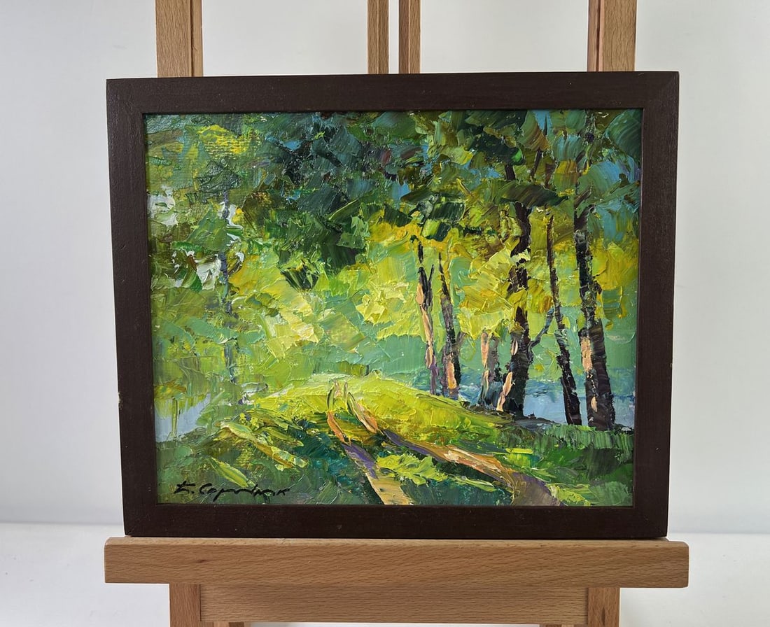 Oil painting The youth of nature Boris Serdyuk: No.AAA5335The Oil painting on Cardboard titled "The youth of nature" invites viewers into a vivid forest scene bursting with vitality and movement. The artist captures a moment of pure, sun-drenched