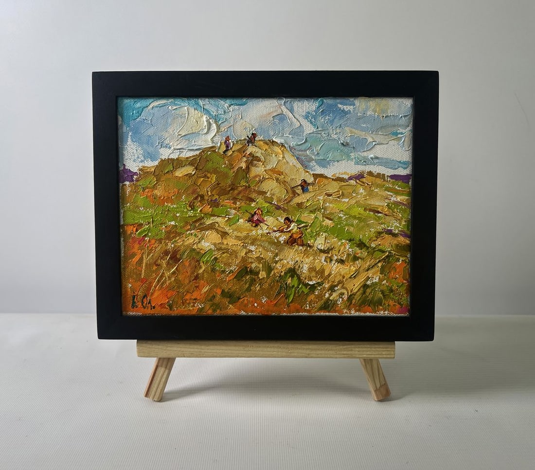 Oil painting Gentle wind over the haystack Oleksiy Ivanyuk: No.AAA5345The Oil painting on Canvas titled "Gentle wind over the haystack" captures a vibrant rural scene filled with motion, warmth, and a strong connection to nature. Painted in a rich impasto tech