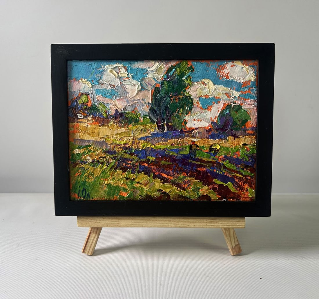 Oil painting The beginning of the harvest in the garden Oleksiy Ivanyuk: No.AAA5357The Oil painting on Canvas titled "The beginning of the harvest in the garden" is a vibrant, expressive depiction of rural life and the intimate bond between humans and nature. With broad, d