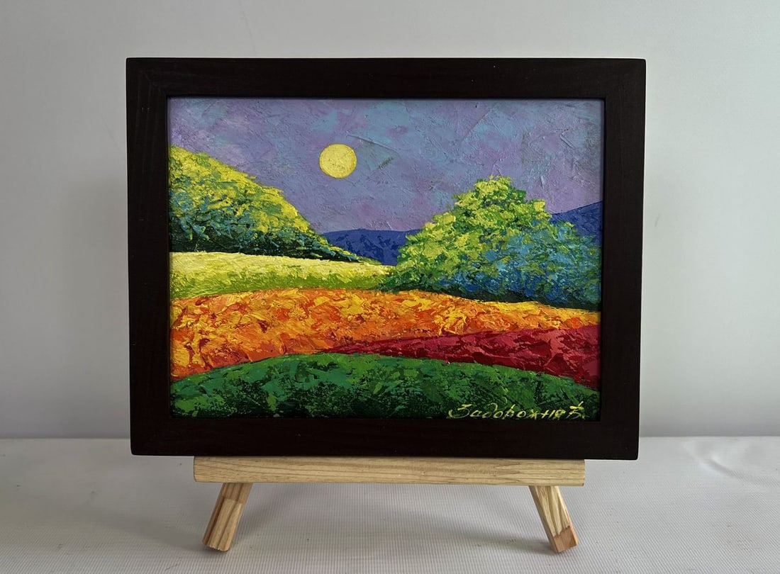Oil painting Harmony of nature V. Zadorozhnya: No.AAA4582The painting "Harmony of Nature" is a stunning oil painting on cardboard that captures the serene beauty of the natural world through a vibrant interplay of colors and textures. The scene is