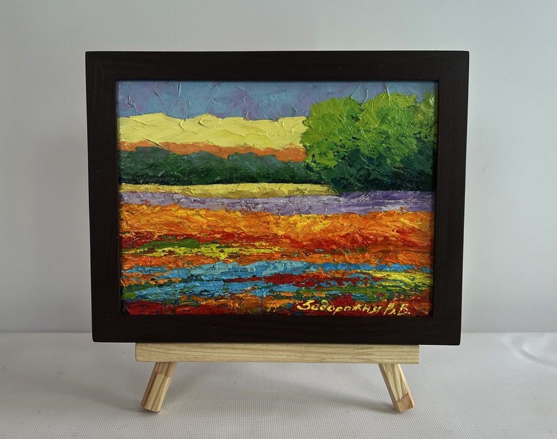 Oil painting Summer evening in the colors of nature V. Zadorozhnya: No.AAA4606The painting "Summer Evening in the Colors of Nature" captures the serene beauty of a warm evening as the setting sun bathes the landscape in golden light. The rich texture of the oil paint