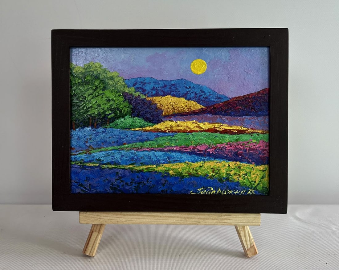 Oil painting Summer flower meadows V. Zadorozhnya: No.AAA4637The Oil painting on Cardboard titled "Summer Flower Meadows" bursts with exuberant energy and luminous color, presenting a fantastical vision of nature at its peak vitality. Rendered in a bo