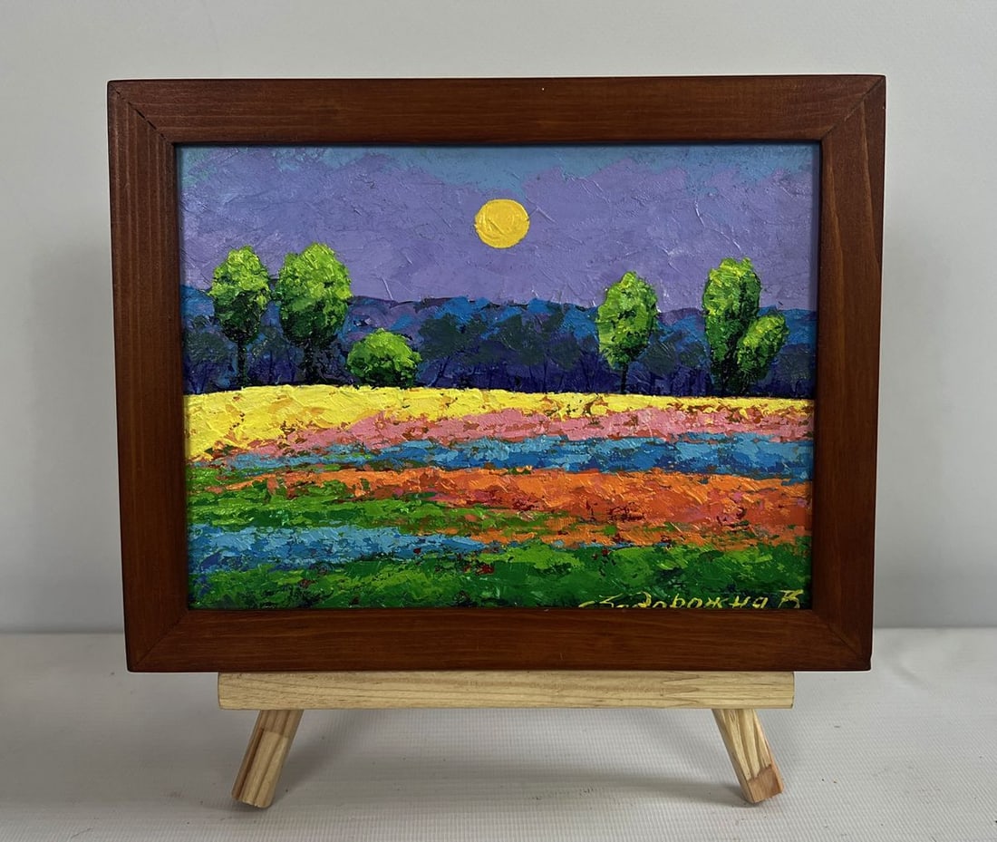 Oil painting Sounds of birds over the summer expanse V. Zadorozhnya: No.AAA4674The oil painting on cardboard titled "Sounds of Birds Over the Summer Expanse" is a vivid and expressive depiction of nature’s tranquility, infused with movement, color, and light. The art