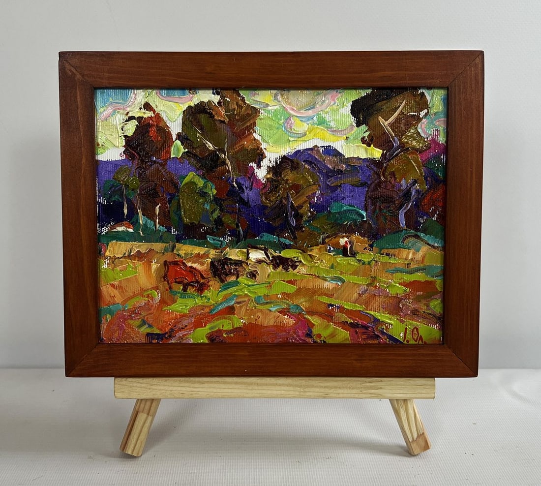 Oil painting On the pasture Alex Kalenyuk: No.AAA4679The oil painting on canvas titled "On the Pasture" is a vibrant and expressive depiction of rural life, infused with movement, warmth, and a rich interplay of colors. Using thick, impasto br