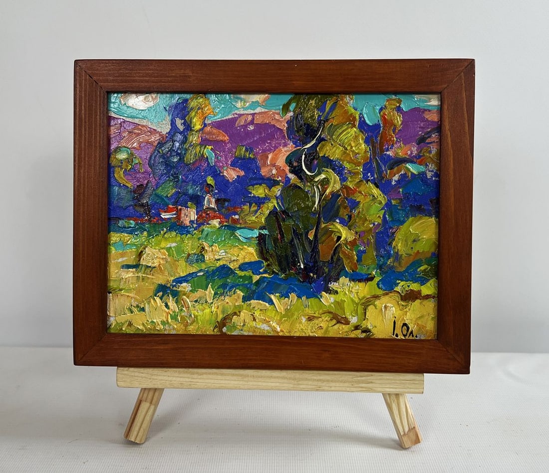Oil painting Fresh summer morning Alex Kalenyuk: No.AAA4702The oil painting on cardboard titled "Fresh Summer Morning" captures the radiant and invigorating energy of a countryside landscape bathed in the golden light of an early summer morning. The