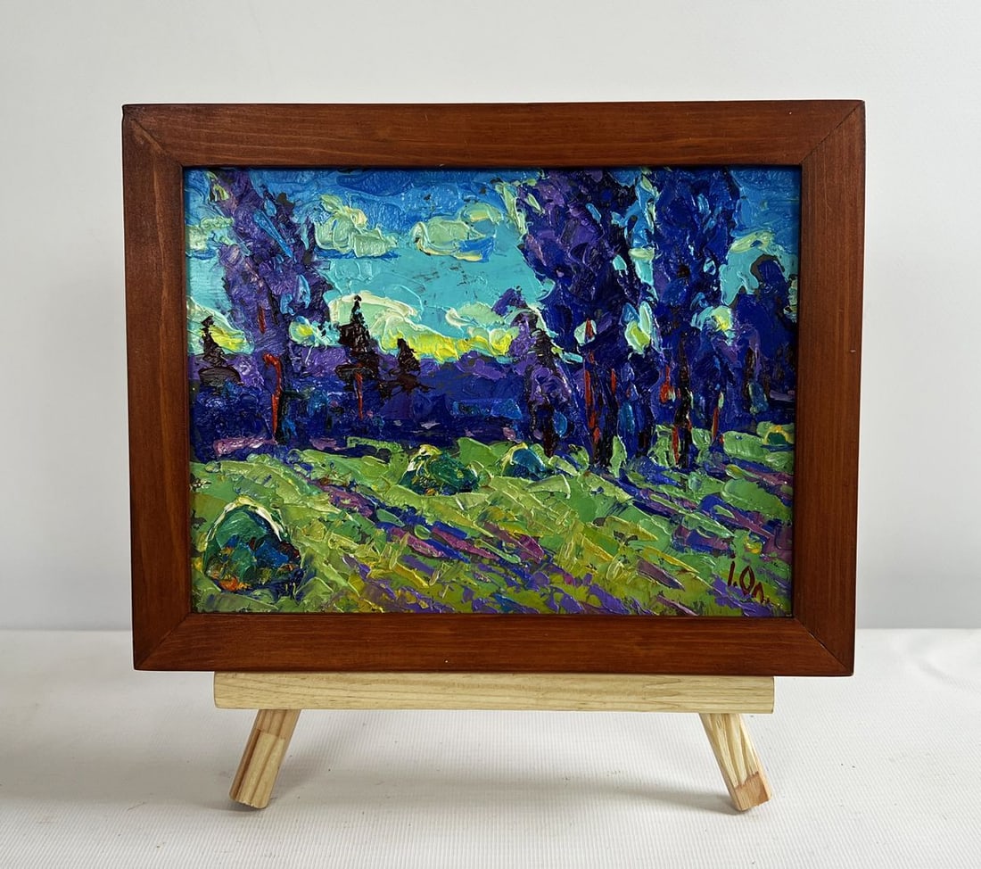 Oil painting Evening breeze in the field Alex Kalenyuk: No.AAA4703The oil painting on cardboard titled "Evening Breeze in the Field" captures the tranquil and mysterious atmosphere of twilight as the last rays of sunlight gently fade into the horizon. The 