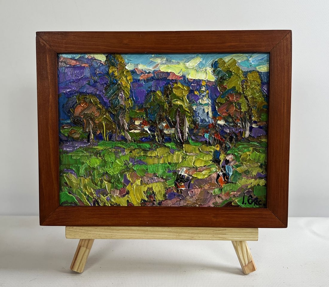 Oil painting Morning ringing of church bells Oksana Kalenyuk: No.AAA4707The oil painting on cardboard titled "Morning Ringing of Church Bells" captures the serene yet lively atmosphere of a countryside morning, where the chime of bells echoes through the lush gr