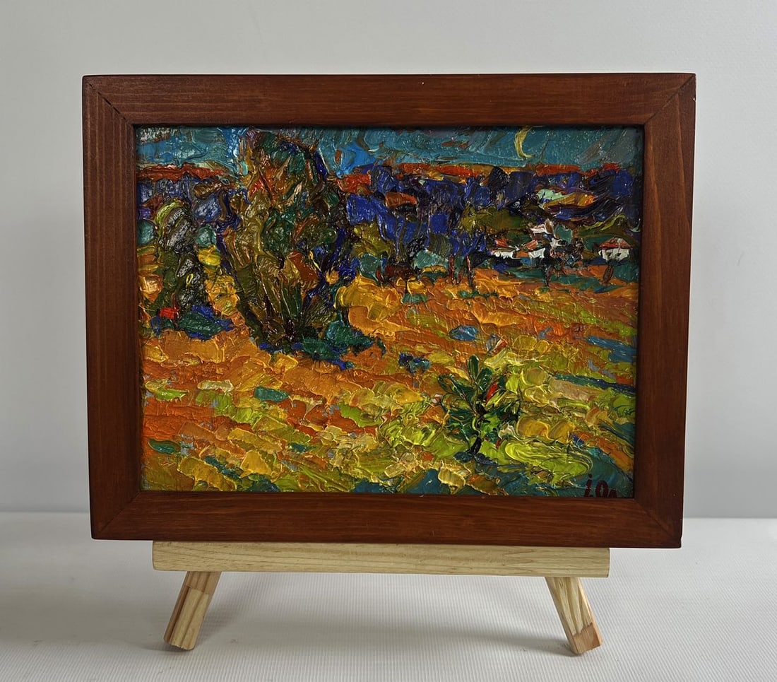 Oil painting Moonlit night Alex Kalenyuk: No.AAA4739The oil painting on cardboard titled "Moonlit Night" captures the serene and mystical atmosphere of an autumn landscape illuminated by the soft glow of the moon. The artist masterfully conve