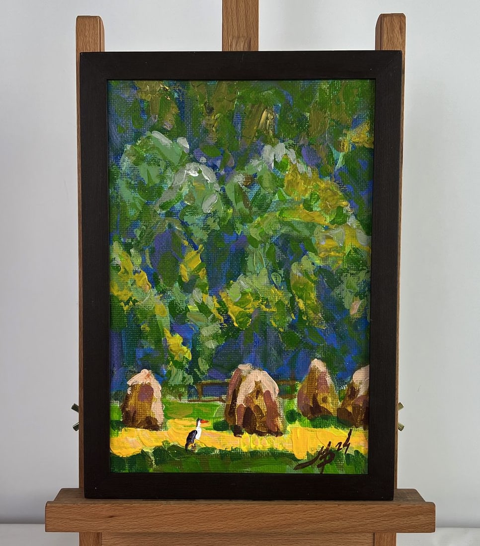 Acrylic painting Warm day by the haystacks Mykhailo Patskan: No.AAA4870The acrylic painting on cardboard titled "Warm Day by the Haystacks" radiates the warmth and tranquility of a countryside scene, bathed in the golden sunlight of a peaceful afternoon. Create