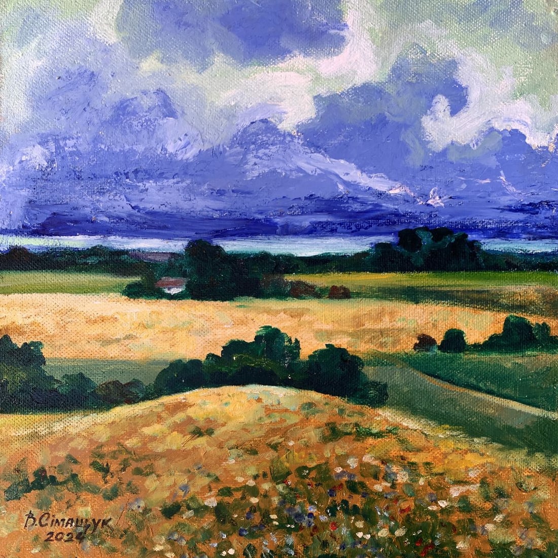 Oil painting Walking in the field Valentina Simashchuk: No.AAA3576The painting titled "Walking in the Field", created with oil on cardboard, captures the harmonious beauty of rural landscapes, where nature's vibrant colors meet the vastness of the sky. The