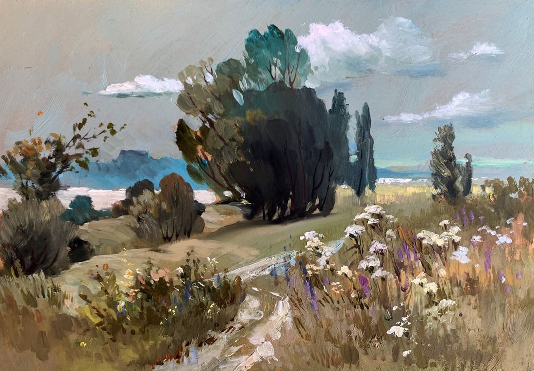 Oil painting Flower field Yuriy Suprunchuk: No.AAA3596The painting titled "Flower Field" radiates a sense of calm and timeless beauty, capturing the essence of a serene meadow bursting with wildflowers. The composition seamlessly blends element
