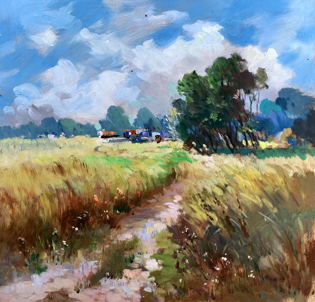 Oil painting Wheat field Yuriy Suprunchuk: No.AAA3603The painting titled "Wheat Field" depicts the serene beauty of the countryside, capturing the essence of a golden summer day. The composition invites the viewer to step into the open expanse