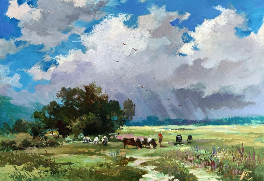 Oil painting Covered with clouds Yuriy Suprunchuk: No.AAA3606The painting titled "Covered with Clouds" presents a serene rural scene under a vast sky where nature and human activity coexist harmoniously. The artwork captures the charm of pastoral life