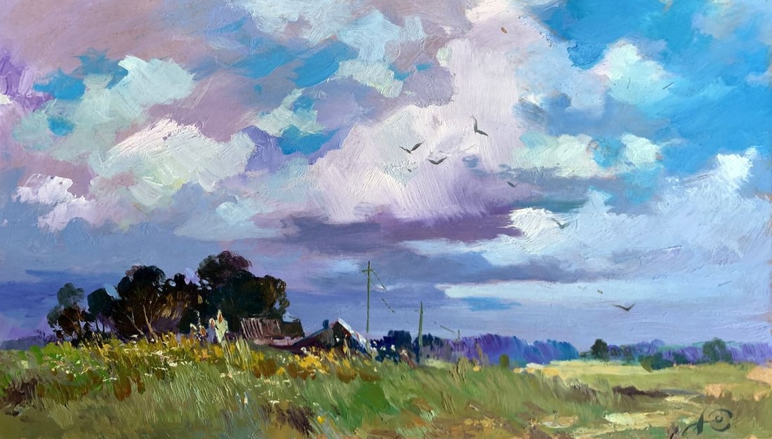 Oil painting In the village field Yuriy Suprunchuk: No.AAA3608The painting titled "In the Village Field" captures the idyllic beauty of rural life, blending the simplicity of nature with the charm of village living. Created with oil on cardboard, the a