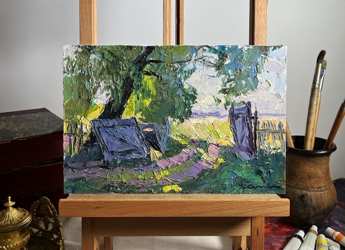 Oil painting The beginning of a summer day Boris Serdyuk: No.AAA3689"The Beginning of a Summer Day" is a vibrant Oil painting on cardboard that captures the serene and inviting atmosphere of a rural morning. The artist employs a rich impasto technique, layer