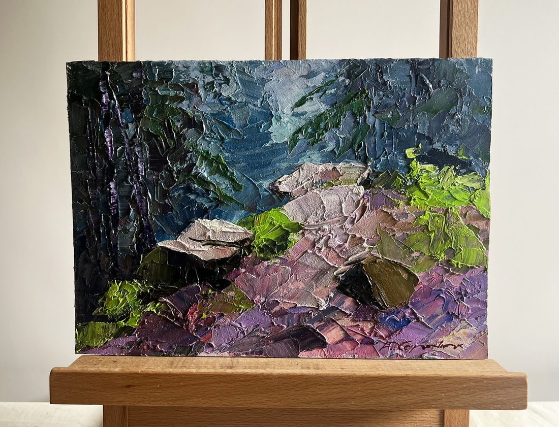 Oil painting Path in the forest Boris Serdyuk: No.AAA3734The oil painting on cardboard, titled "Path in the Forest", invites the viewer into a serene woodland scene, where nature unfolds in layers of color and texture. The artist employs bold, exp