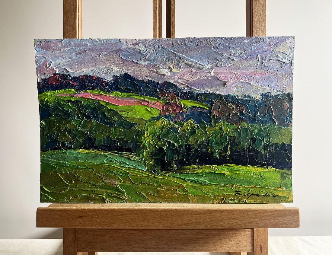 Oil painting Summer meadows and forests Boris Serdyuk: No.AAA3735The oil painting on cardboard, titled "Summer Meadows and Forests", captures the essence of a lush countryside landscape in full bloom. The artist uses thick, expressive brushstrokes and a r