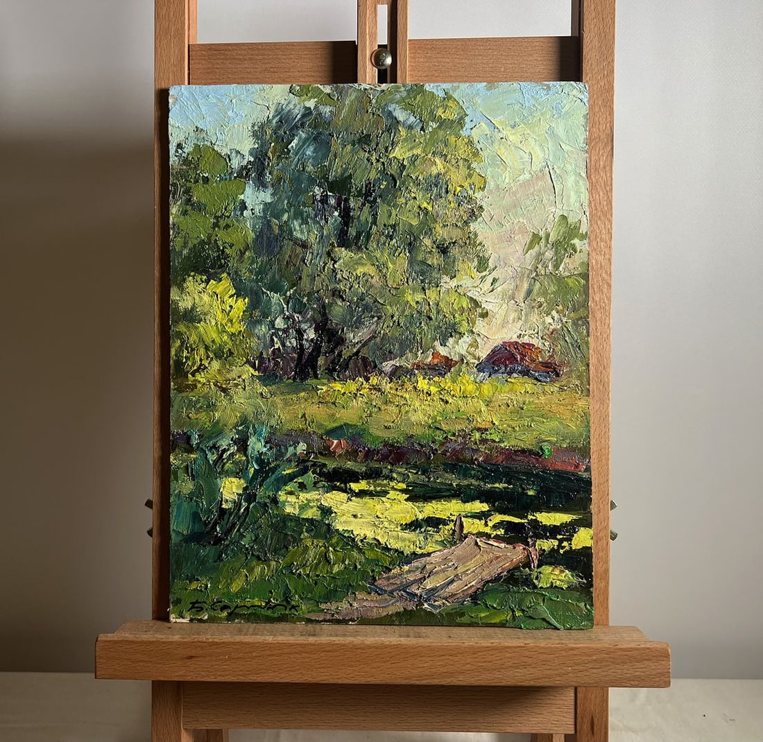 Oil painting Enjoying the silence Boris Serdyuk: No.AAA3773This oil painting cardboard, titled "Enjoying the silence", the composition is structured around a small wooden dock in the foreground, leading the viewer’s eye towards the calm pond cover