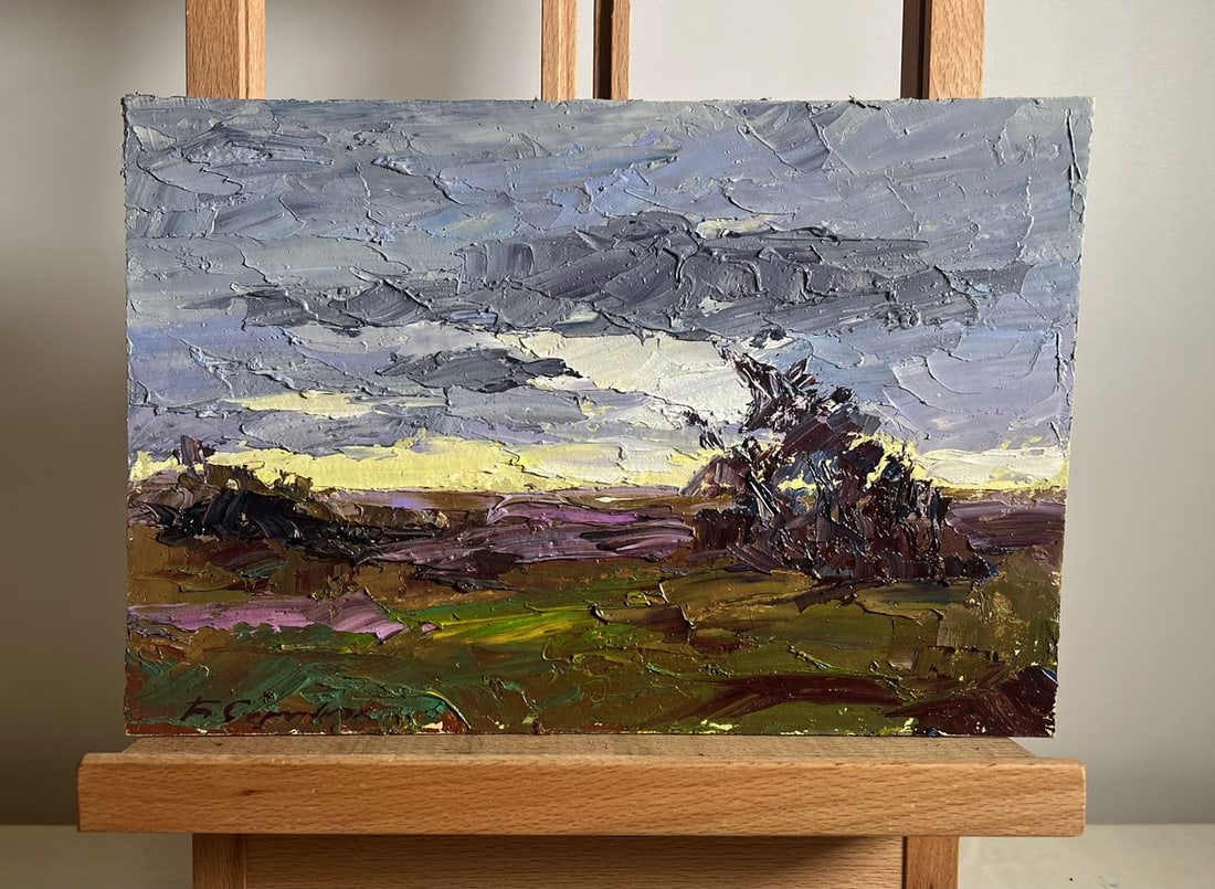 Oil painting It's a nasty day Boris Serdyuk: No.AAA3785This oil painting cardboard, titled "It's a nasty day", the composition is arranged to emphasize the vastness of the open landscape and the intensity of the sky, leading the viewer’s eye t