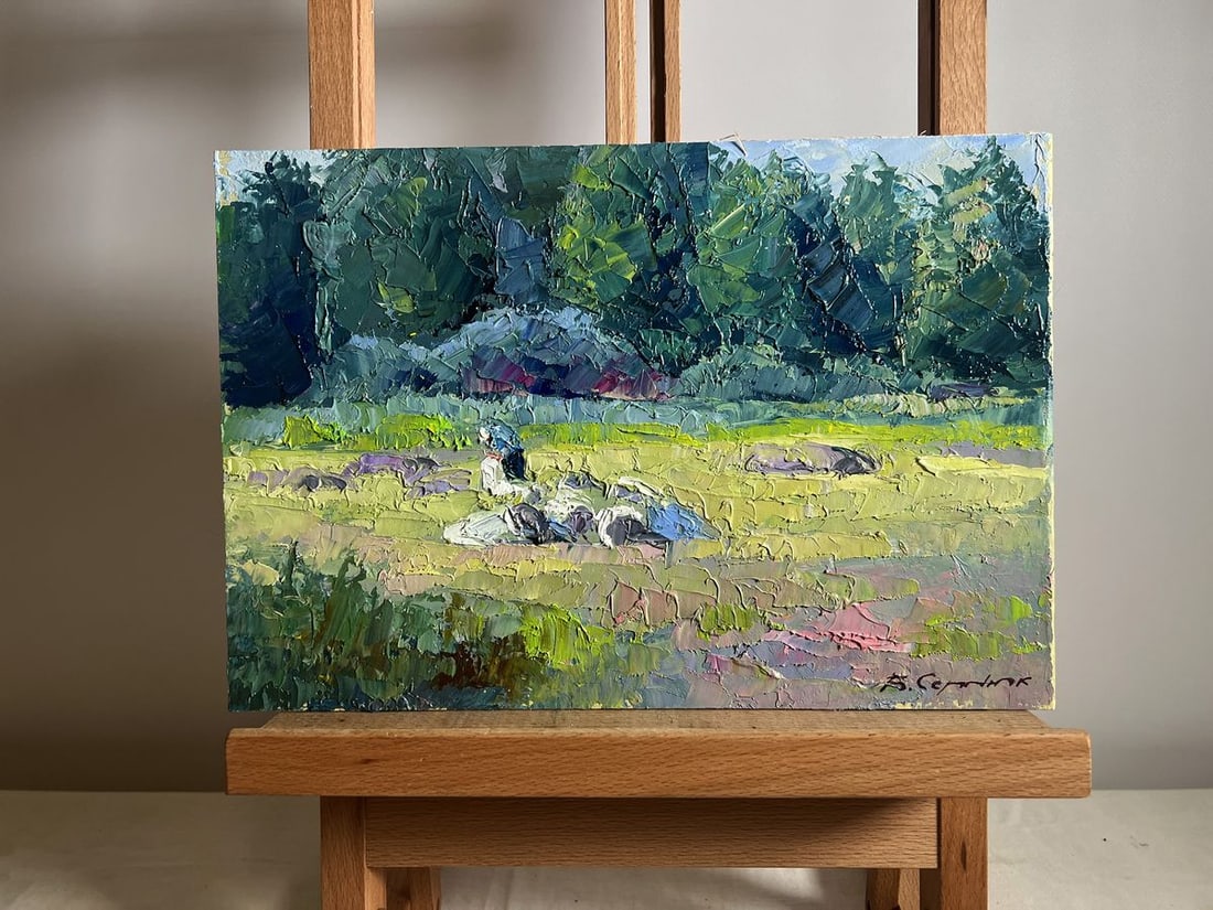 Oil painting Preparing for winter Boris Serdyuk: No.AAA3789This oil painting cardboard, titled "Preparing for winter", the composition is balanced and draws the viewer’s attention to the central figure—a person engaged in work, surrounded by a s