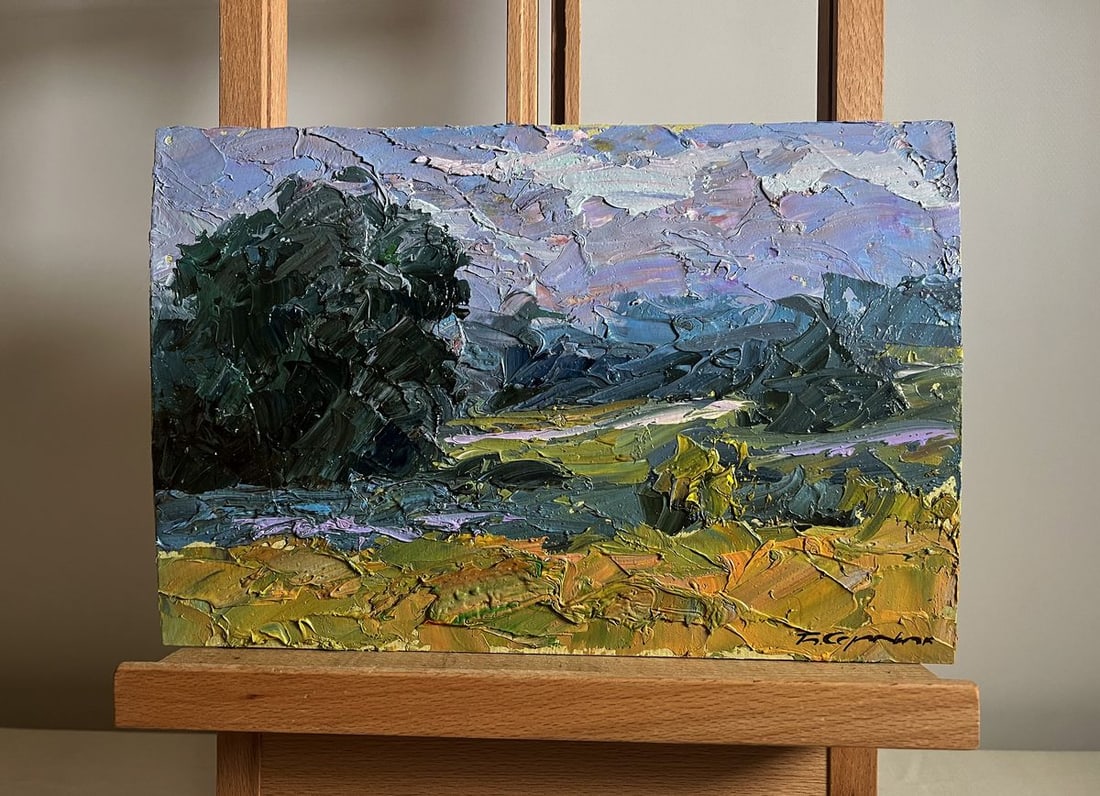 Oil painting Further away from the city Boris Serdyuk: No.AAA3793This oil painting cardboard, titled "Further Away from the City", the composition draws the viewer’s eye along a meandering path that stretches into the distance, leading towards rolling h