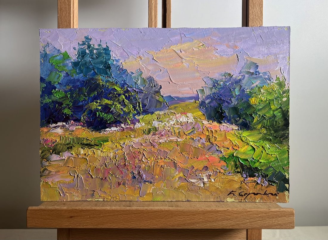 Oil painting In a summer flower meadow Boris Serdyuk: No.AAA3807This oil painting cardboard, titled "In a summer flower meadow", the composition leads the viewer’s eye along a natural pathway through the sunlit meadow, inviting them to wander deeper in