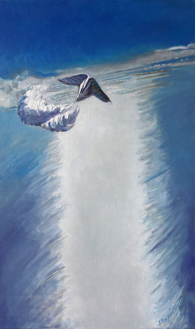 Oil painting Air Force Varvarov Anatoly Viktorovich: No.Varv 204The painting titled "Air Force" presents a clever juxtaposition of man-made invention with the natural world. Dominating the scene is a paper airplane, its wings sharply folded, gliding thr
