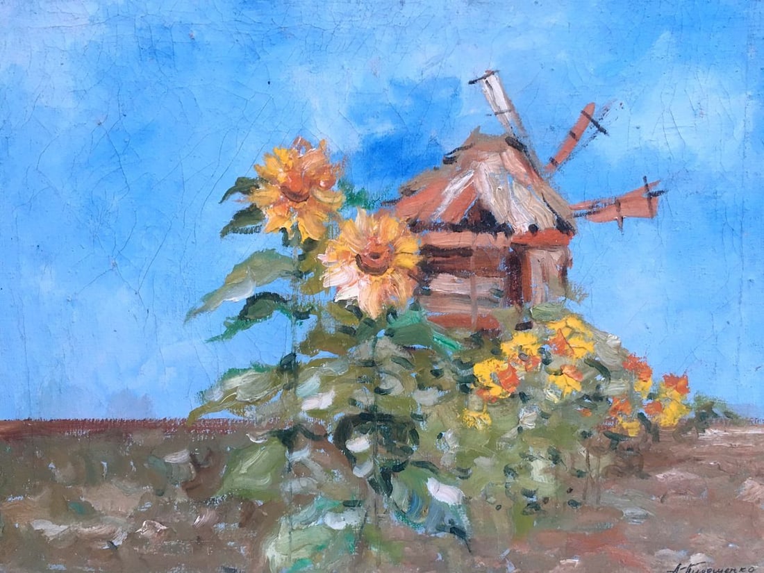 Oil painting sunflowers landscape Alexey Nikolaevich Timoshenko: No.316 * TITLE: "Sunflowers landscape" * ARTISTS: Alexey Nikolaevich Timoshenko * SIZE: 50x65 cm/19.68x25.59 inches' * MEDIUM: oil, canvas * HAND PAINTED: Original painting from our collection *