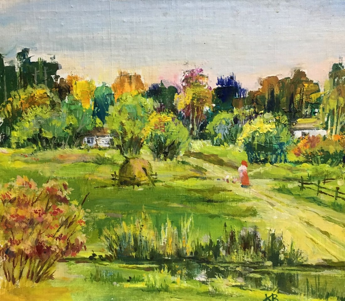 Oil painting Village Kizenko Vladimir: No.584 *** ABOUT THIS PAINTING *** * TITLE: "Village" * ARTISTS: Kizenko Vladimir * SIZE: 21x24 cm/8.26x9.44 inches' * MEDIUM: oil, cardboard * HAND PAINTED: Original painting from our collection *
