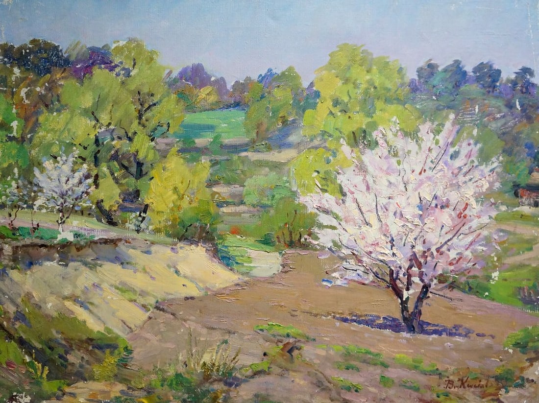 Oil painting In the garden Kisel Ivan Gordeevich: No.Vern 789 *** ABOUT THIS PAINTING *** * TITLE: "In the garden" * ARTISTS: Kisel Ivan Gordeevich * SIZE: 59x78 cm/23.22x30.70 inches' * MEDIUM: oil, canvas * HAND PAINTED: Original painting from our 