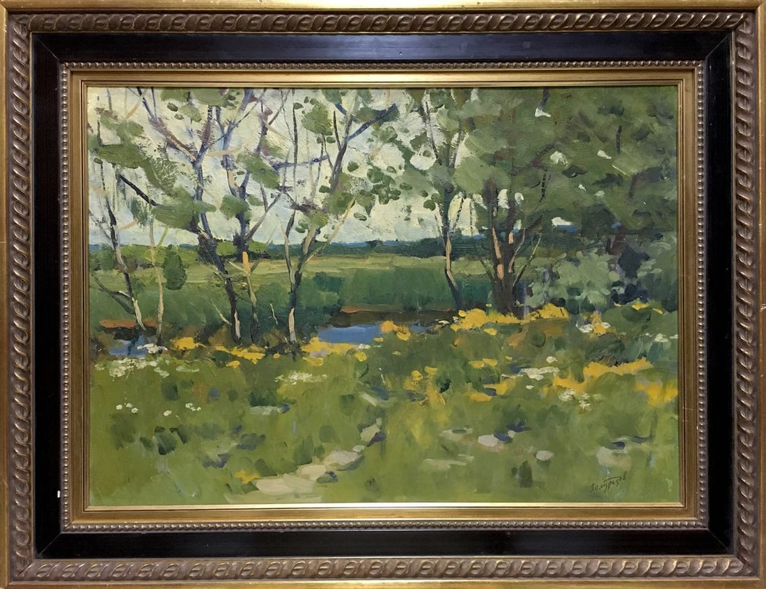 Oil painting In summer Polurezov G.I.: No.Vern 801 *** ABOUT THIS PAINTING *** * TITLE: "In summer" * ARTISTS: Polurezov G.I. * SIZE: 50x70 cm/19.68x27.55 inches', frame size: 65x85 cm/25.59x33.46 inches' * MEDIUM: oil, cardboard * HAND