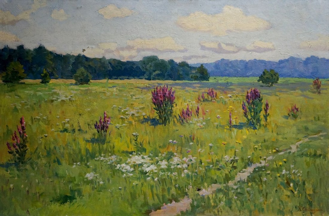 Oil painting Landscape Sabadysh Petr Evlampievich: No.Vern 1056 *** ABOUT THIS PAINTING *** * TITLE: "Landscape" * ARTISTS: Sabadysh Petr Evlampievich * SIZE: 65x100 cm/25.59x39.37 inches' * MEDIUM: oil, canvas * HAND PAINTED: Original painting from o