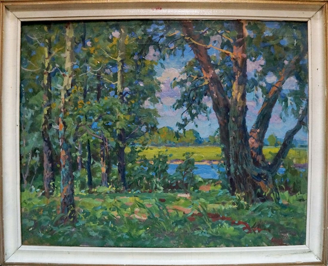 Oil painting By the river Fomin Anatoly Nikiforovich: No.Vern 1594 *** ABOUT THIS PAINTING *** * TITLE: "By the river" * ARTISTS: Fomin Anatoly Nikiforovich * SIZE: 64x84 cm/25.19x33.07 inches', frame size: 76x92 cm/29.92x36.22 inches' * MEDIUM: oil, can