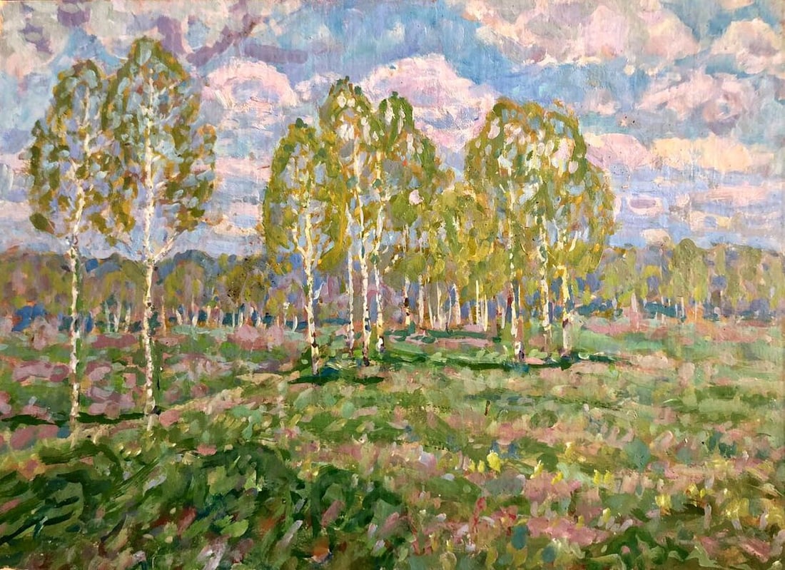 Oil painting In April Kolosovsky Georgiy Sergeevich: No.GS 111 *** ABOUT THIS PAINTING *** * TITLE: "In April" * ARTISTS: Kolosovsky Georgiy Sergeevich * SIZE: 50x70cm/19.68x27.55 inches' * MEDIUM: oil, cardboard * HAND PAINTED: Original painting from o