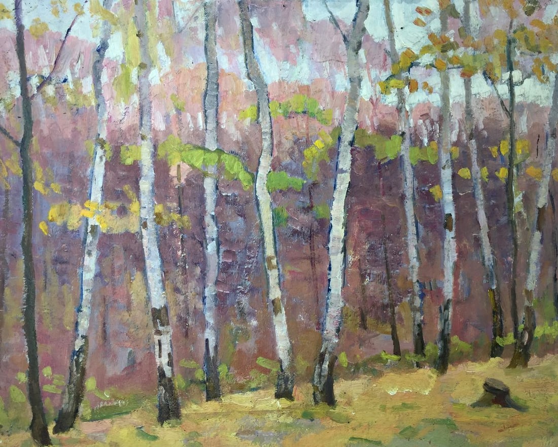 Oil painting Birch Grove Khrustalenko Nikolay Alexandrovich: No.GS 216 *** ABOUT THIS PAINTING *** * TITLE: "Birch Grove" * ARTISTS: Khrustalenko Nikolay Alexandrovich * SIZE: 40x50 cm/15.74x19.68 inches' * MEDIUM: oil, cardboard * HAND PAINTED: Original painti