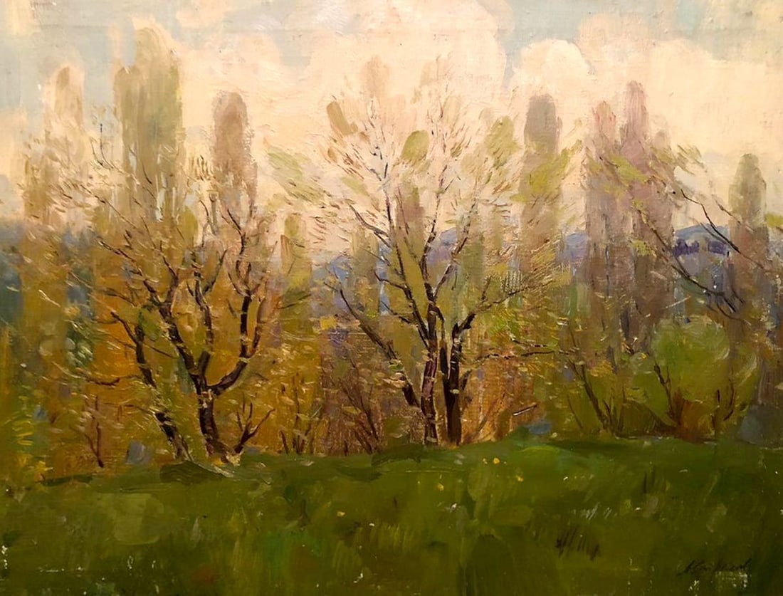 Oil painting First greens Strelov Arkady Efimovich: No.GS 328 *** ABOUT THIS PAINTING *** * TITLE: "First greens" * ARTISTS: Strelov Arkady Efimovich * SIZE: 49x65 cm/19.29x25.59 inches' * MEDIUM: oil, canvas * HAND PAINTED: Original painting from our 